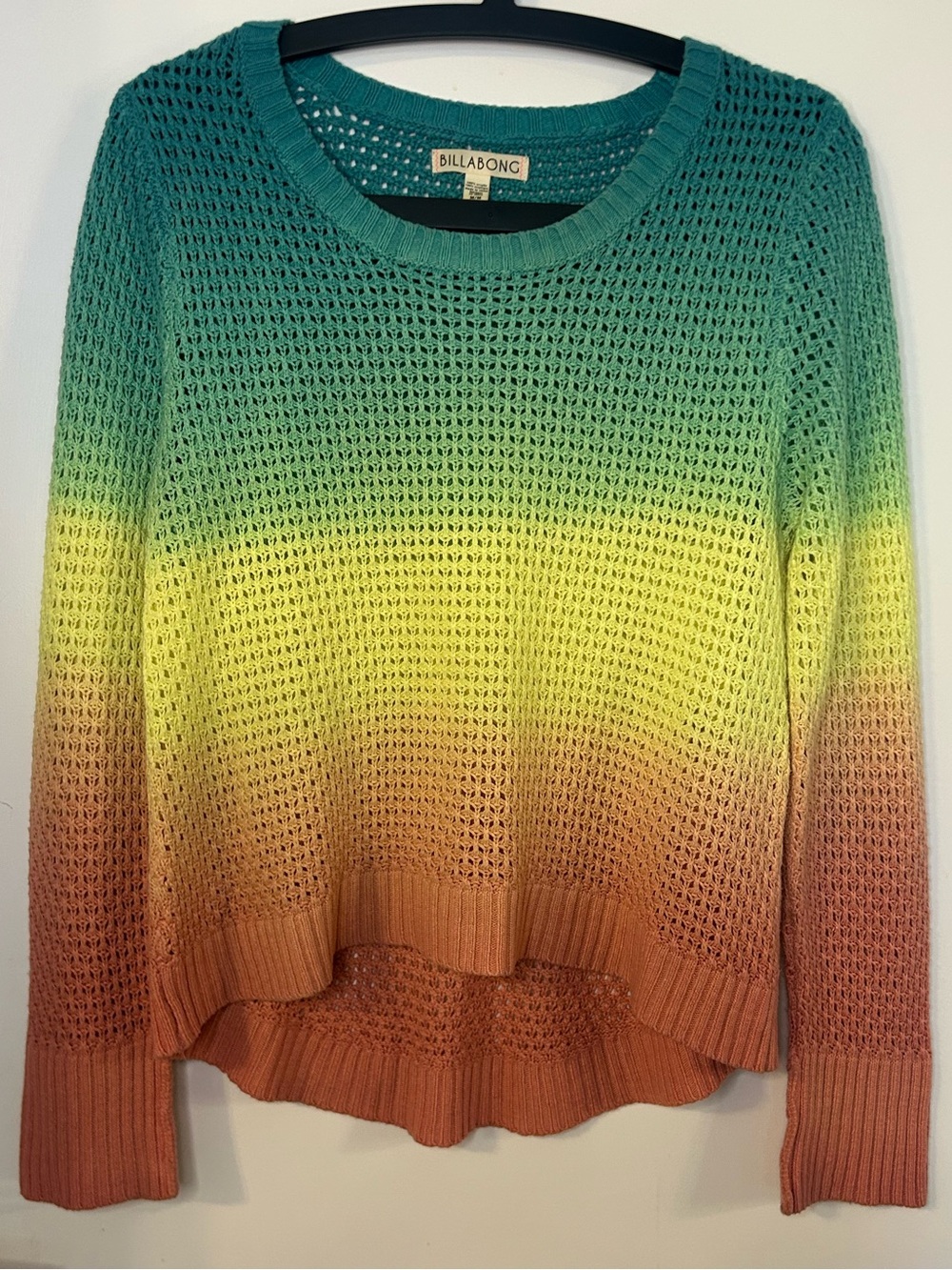Billabong Women’s Teal, Yellow & Orange Gradient Open-Knit Crew Sweater Size Med